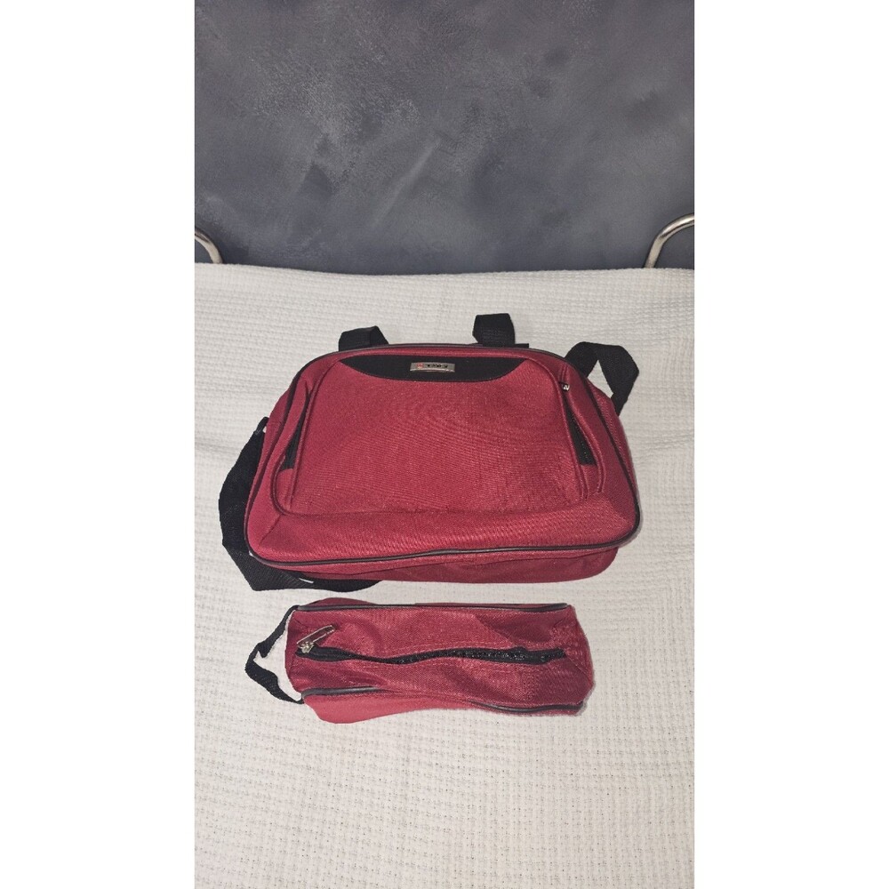 TAG Red Canvas 15" Laptop Briefcase Boarding Bag & Matching Pouch Set